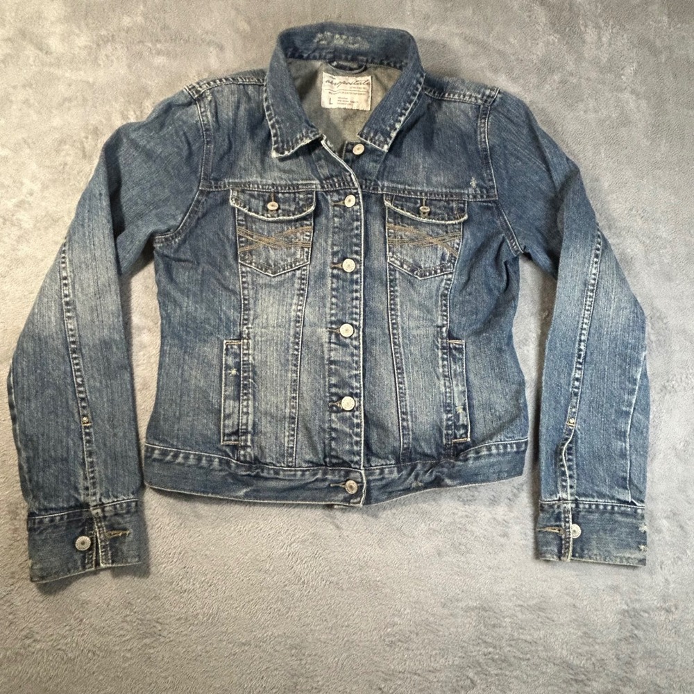 Aeropostale Womens Medium Wash Distressed Denim Trucker Jacket Size L Cotton